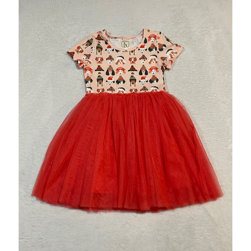 Taylor Joelle Girls Size 7 Christmas Holiday Dog Print Tulle Tutu Dress Red Pink